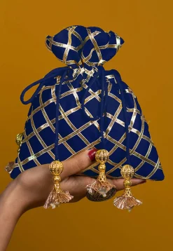 Embroidered Art Silk Potli Bag in Blue