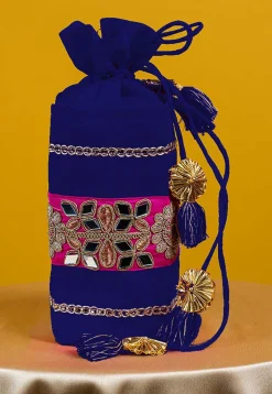Embroidered Art Silk Potli Bag in Royal Blue