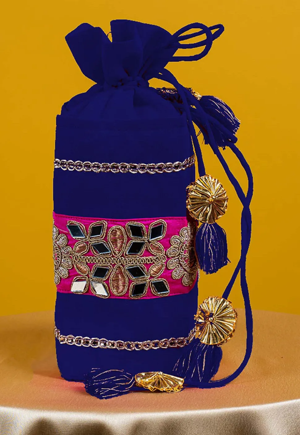 Embroidered Art Silk Potli Bag in Royal Blue