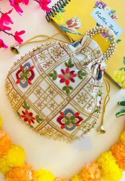 Embroidered Art Silk Potli Bag in Off White
