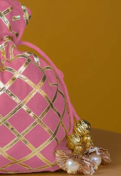 Embroidered Art Silk Potli Bag in Light Pink