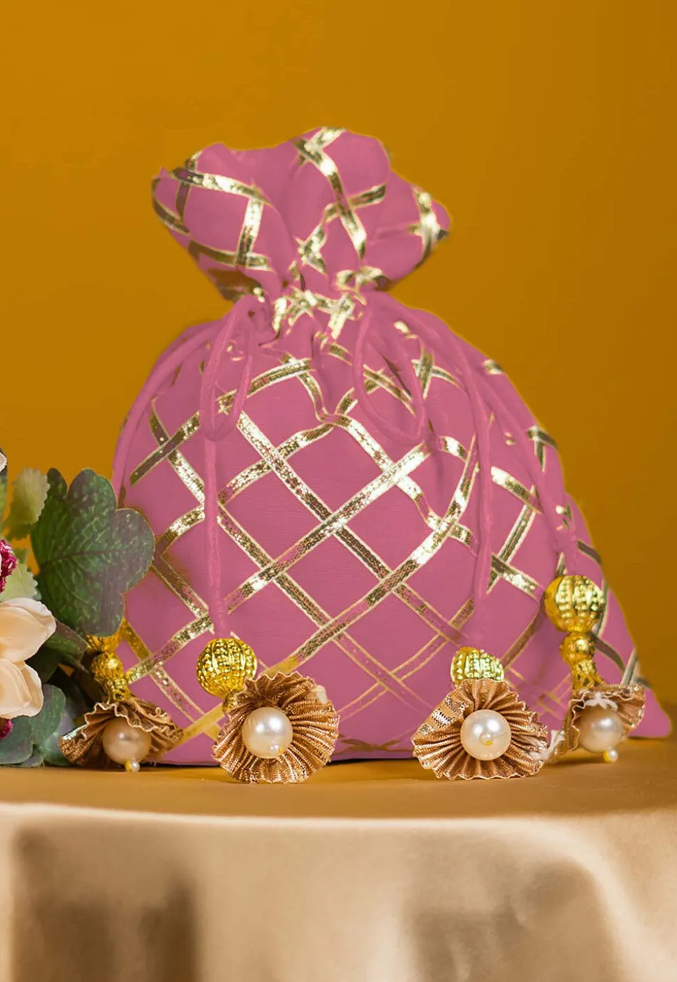 Embroidered Art Silk Potli Bag in Light Pink