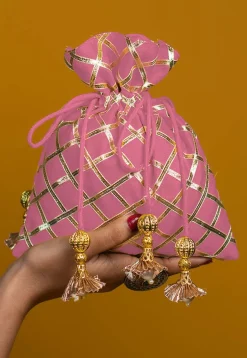 Embroidered Art Silk Potli Bag in Light Pink
