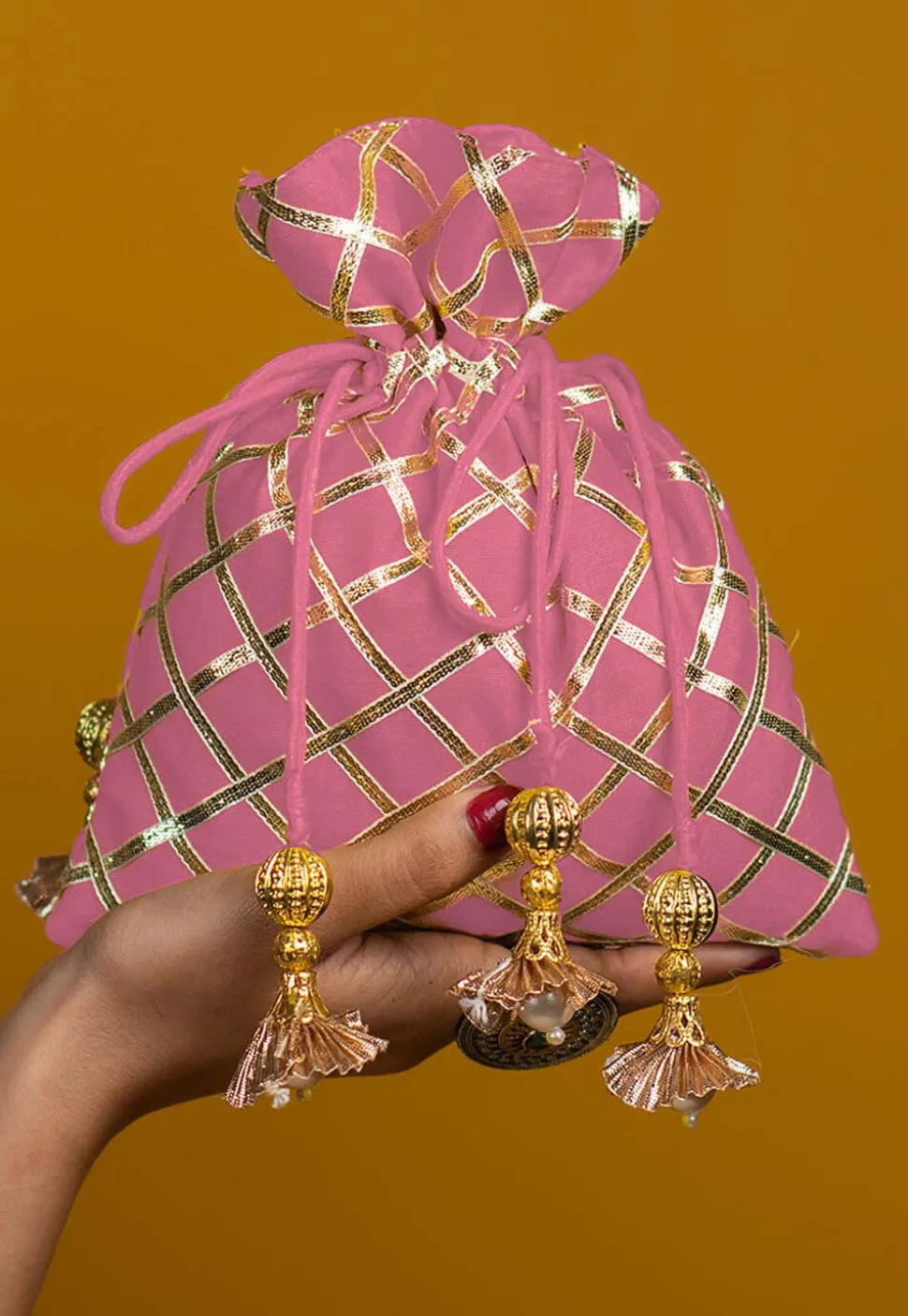 Embroidered Art Silk Potli Bag in Light Pink