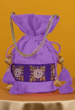 Embroidered Art Silk Potli Bag in Light Purple