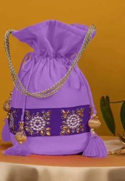 Embroidered Art Silk Potli Bag in Light Purple