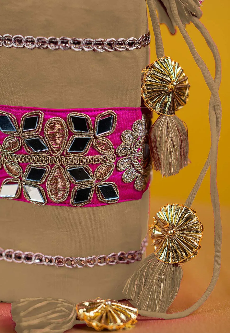 Embroidered Art Silk Potli Bag in Beige