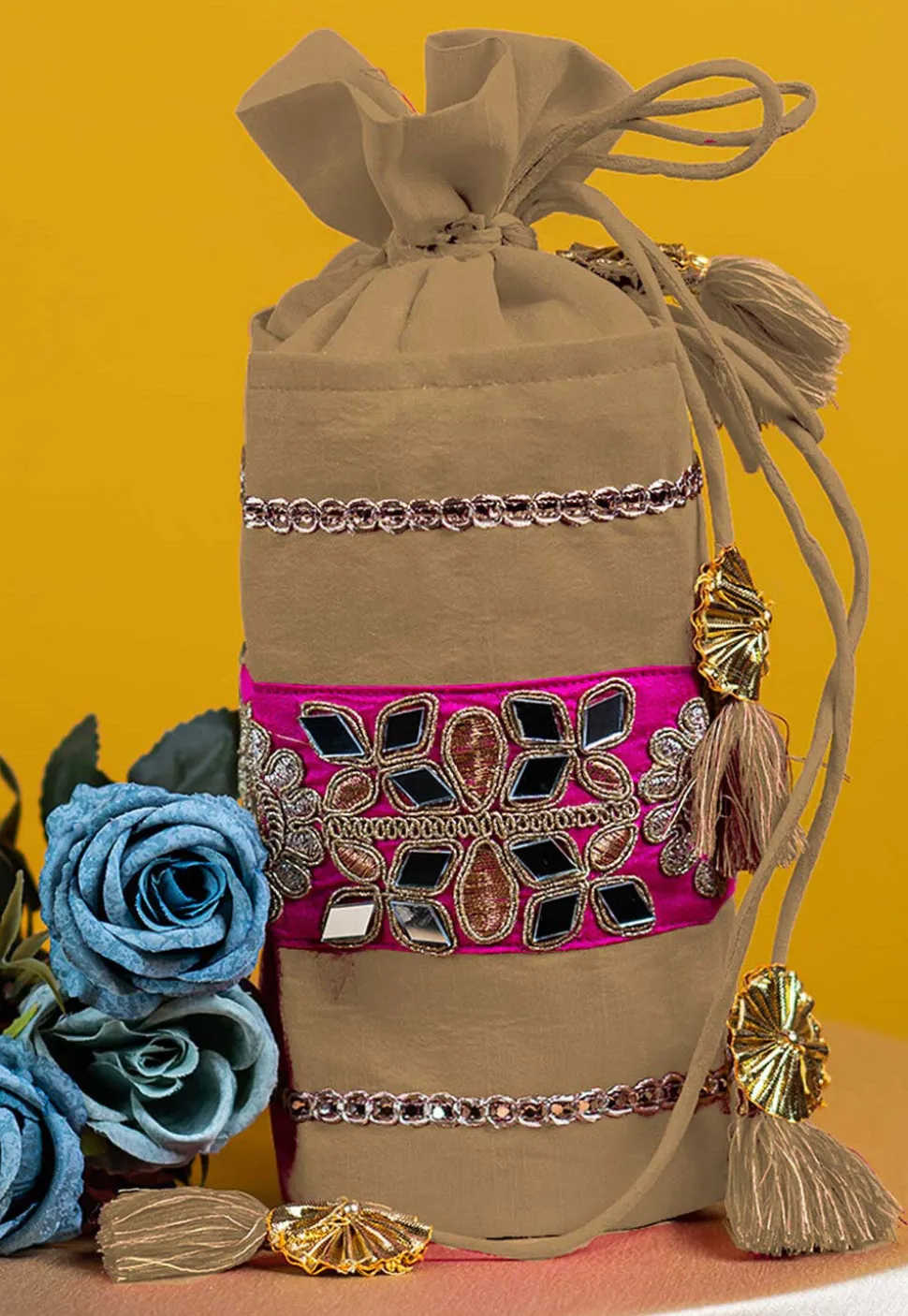 Embroidered Art Silk Potli Bag in Beige