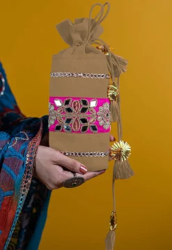 Embroidered Art Silk Potli Bag in Beige