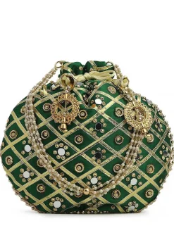 Embroidered Art Silk Potli Bag in Dark Green