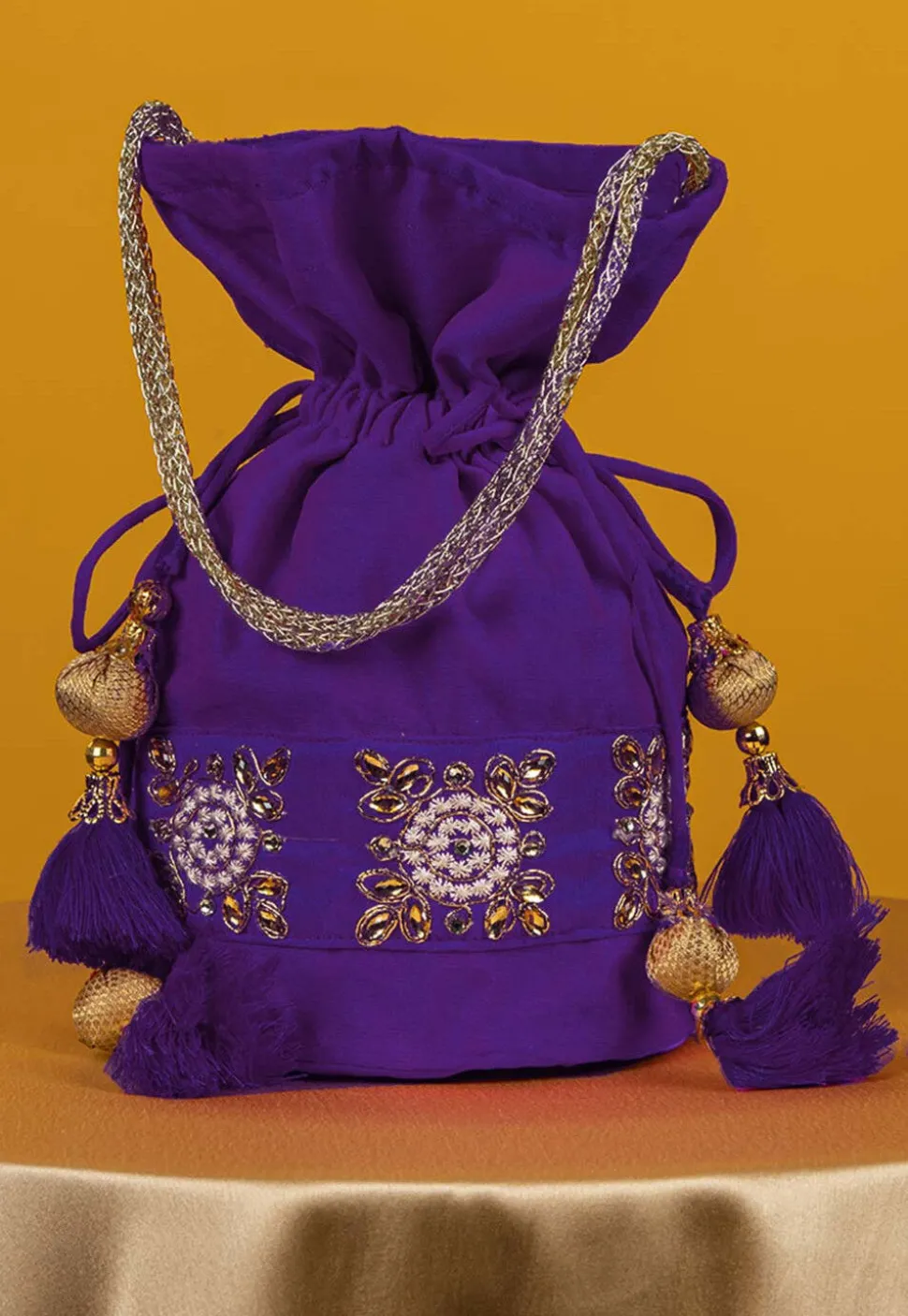 Embroidered Art Silk Potli Bag in Purple