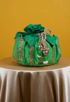 Embroidered Art Silk Potli Bag in Green