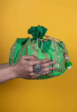 Embroidered Art Silk Potli Bag in Green