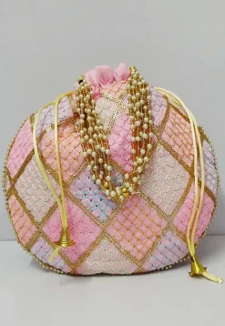 Embroidered Art Silk Potli Bag in Pink