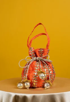 Embroidered Art Silk Potli Bag in Orange