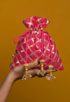 Embroidered Art Silk Potli Bag in Fuchsia