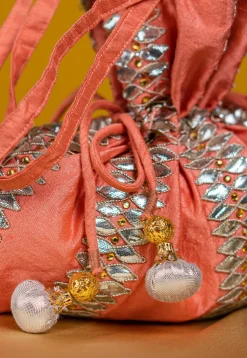 Embroidered Art Silk Potli Bag in Peach