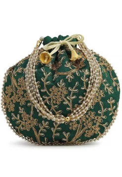 Embroidered Art Silk Potli Bag in Dark Green