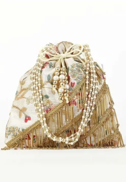 Embroidered Art Silk Potli Bag in Off White