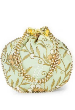 Embroidered Art Silk Potli Bag in Pastel Green