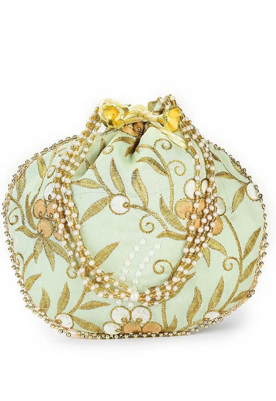 Embroidered Art Silk Potli Bag in Pastel Green