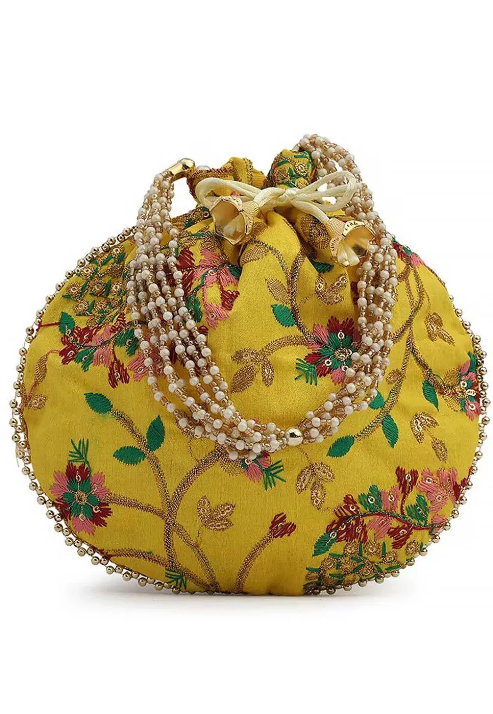 Embroidered Art Silk Potli Bag in Mustard