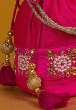 Embroidered Art Silk Potli Bag in Fuchsia