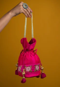 Embroidered Art Silk Potli Bag in Fuchsia