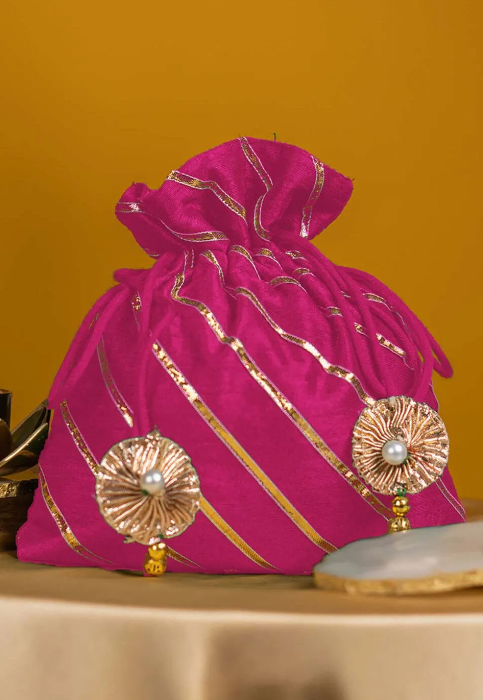 Embroidered Art Silk Potli Bag in Pink