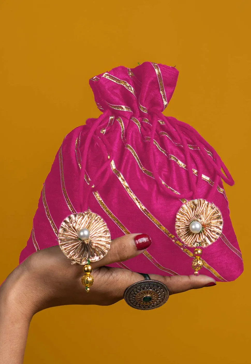 Embroidered Art Silk Potli Bag in Pink