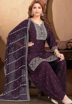 Embroidered Art Silk Punjabi Suit in Wine
