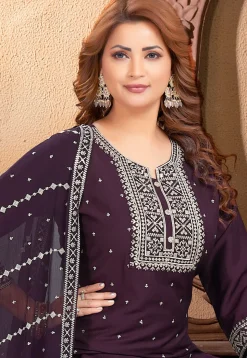 Embroidered Art Silk Punjabi Suit in Wine