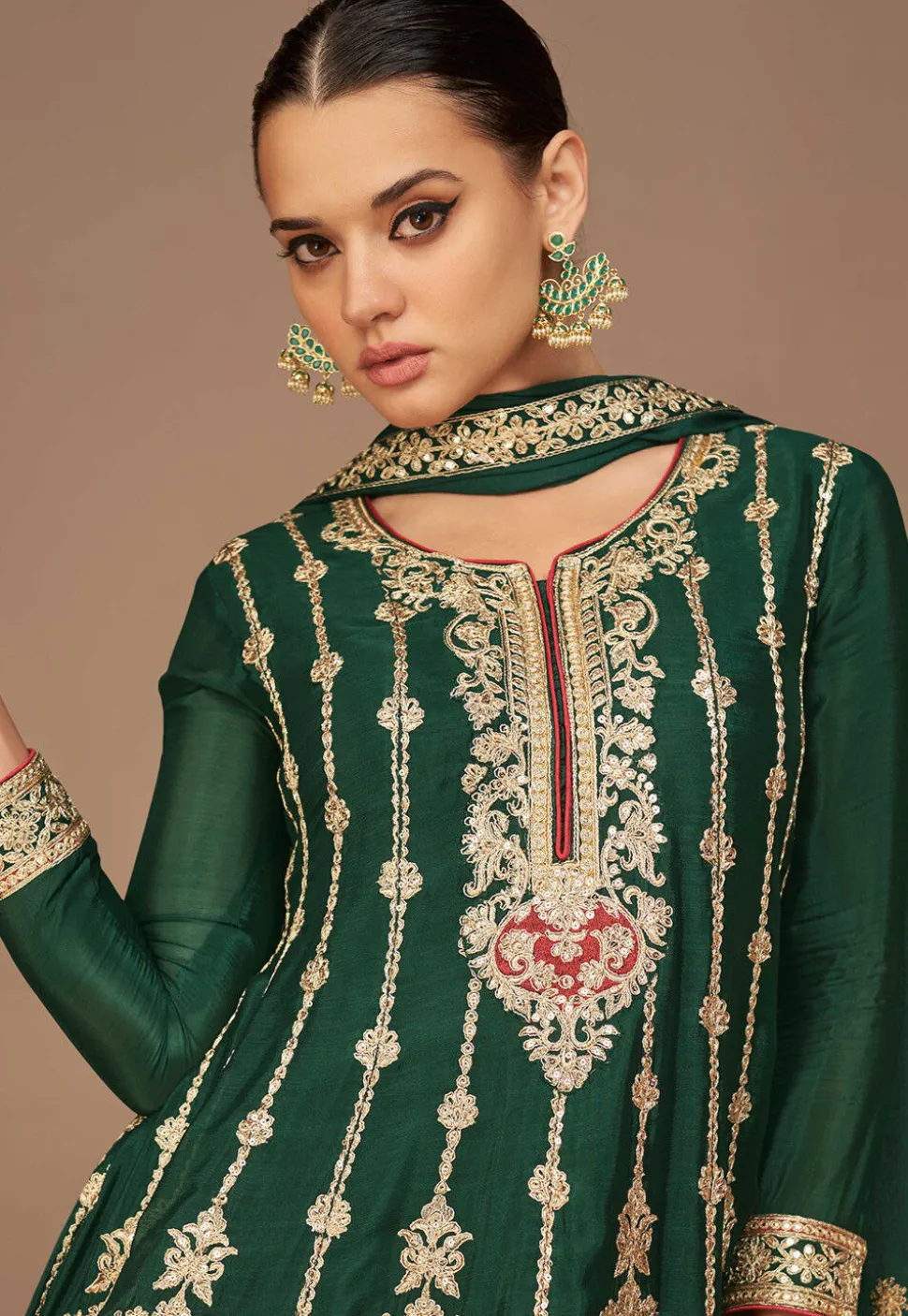 Embroidered Art Silk Punjabi Suit in Green