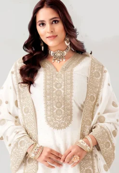 Embroidered Art Silk Punjabi Suit in Off White