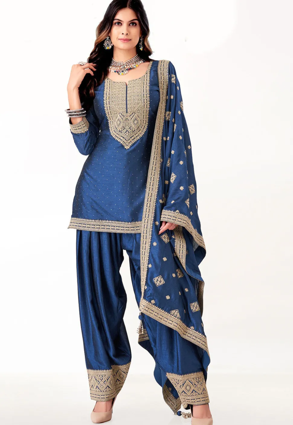 Embroidered Art Silk Punjabi Suit in Teal Blue