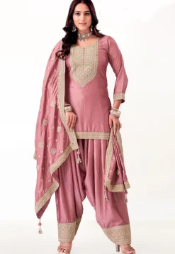 Embroidered Art Silk Punjabi Suit in Pink