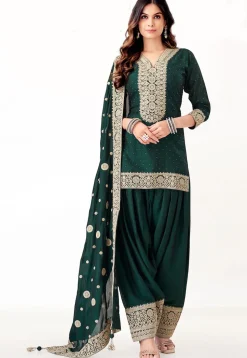 Embroidered Art Silk Punjabi Suit in Dark Green