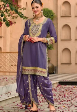 Embroidered Art Silk Punjabi Suit in Purple