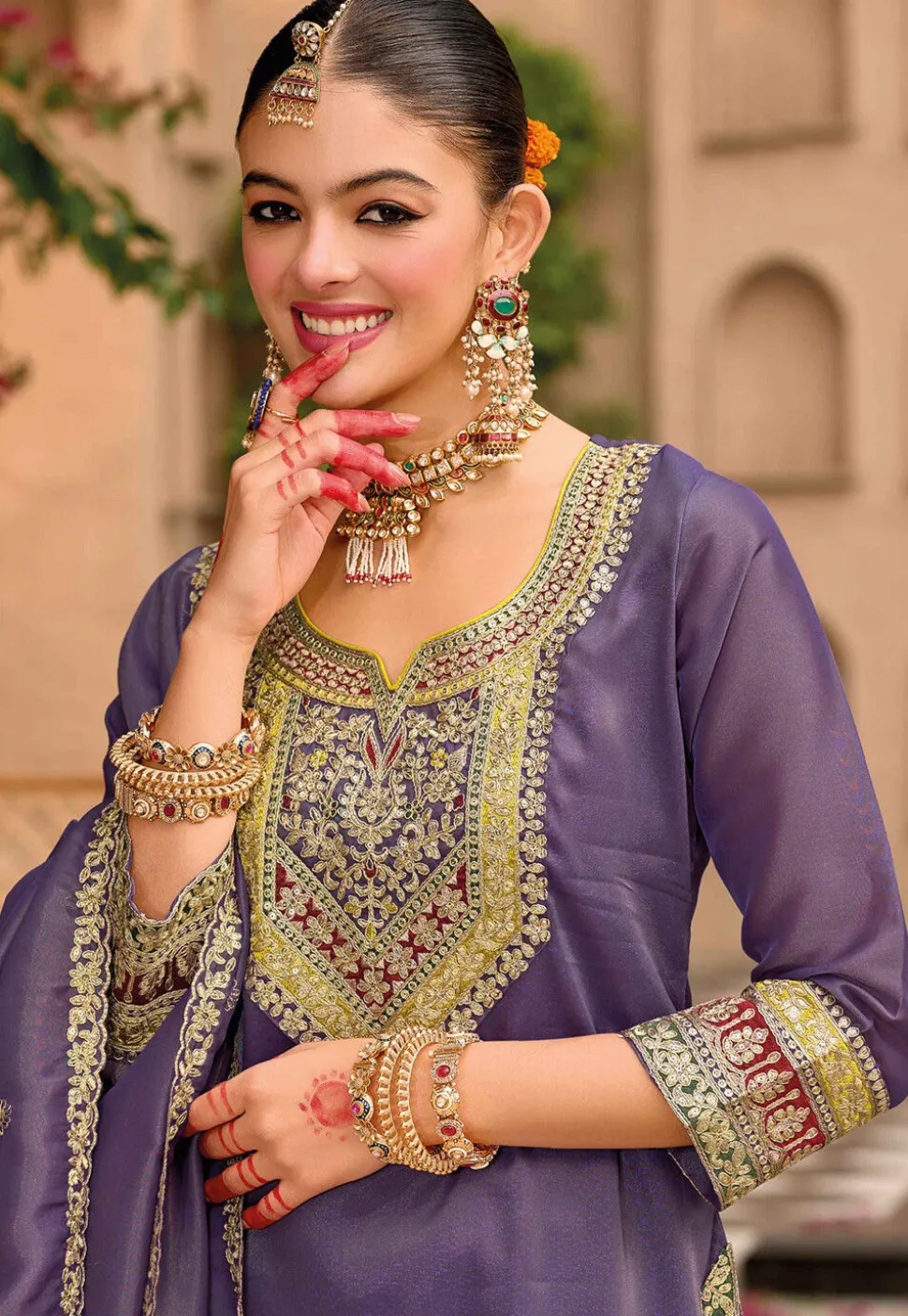 Embroidered Art Silk Punjabi Suit in Purple