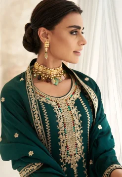 Embroidered Art Silk Punjabi Suit in Dark Green