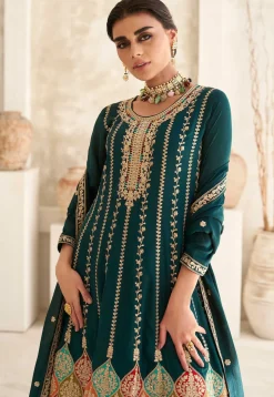 Embroidered Art Silk Punjabi Suit in Dark Green