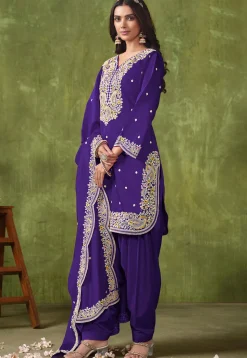Embroidered Art Silk Punjabi Suit in Purple