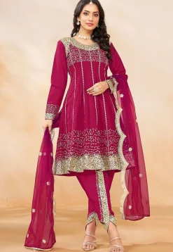 Embroidered Art Silk Punjabi Suit in Pink