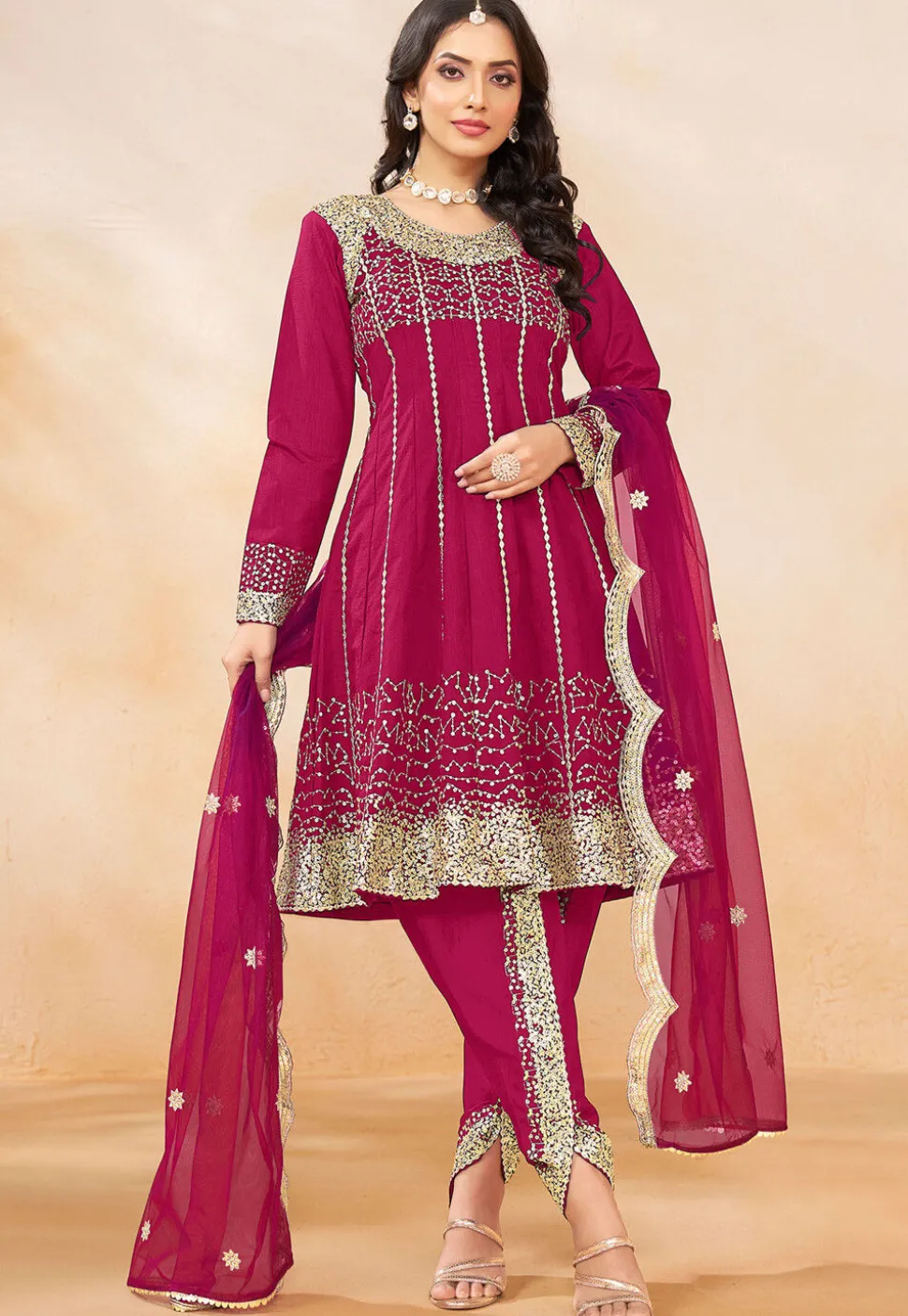 Embroidered Art Silk Punjabi Suit in Pink