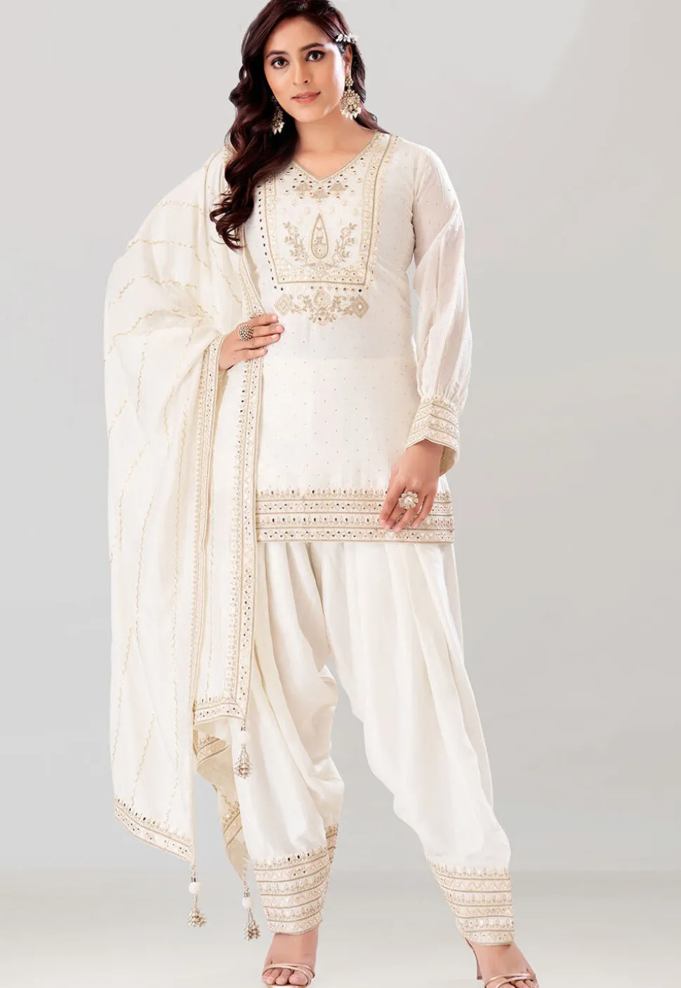 Embroidered Art Silk Punjabi Suit in Off White