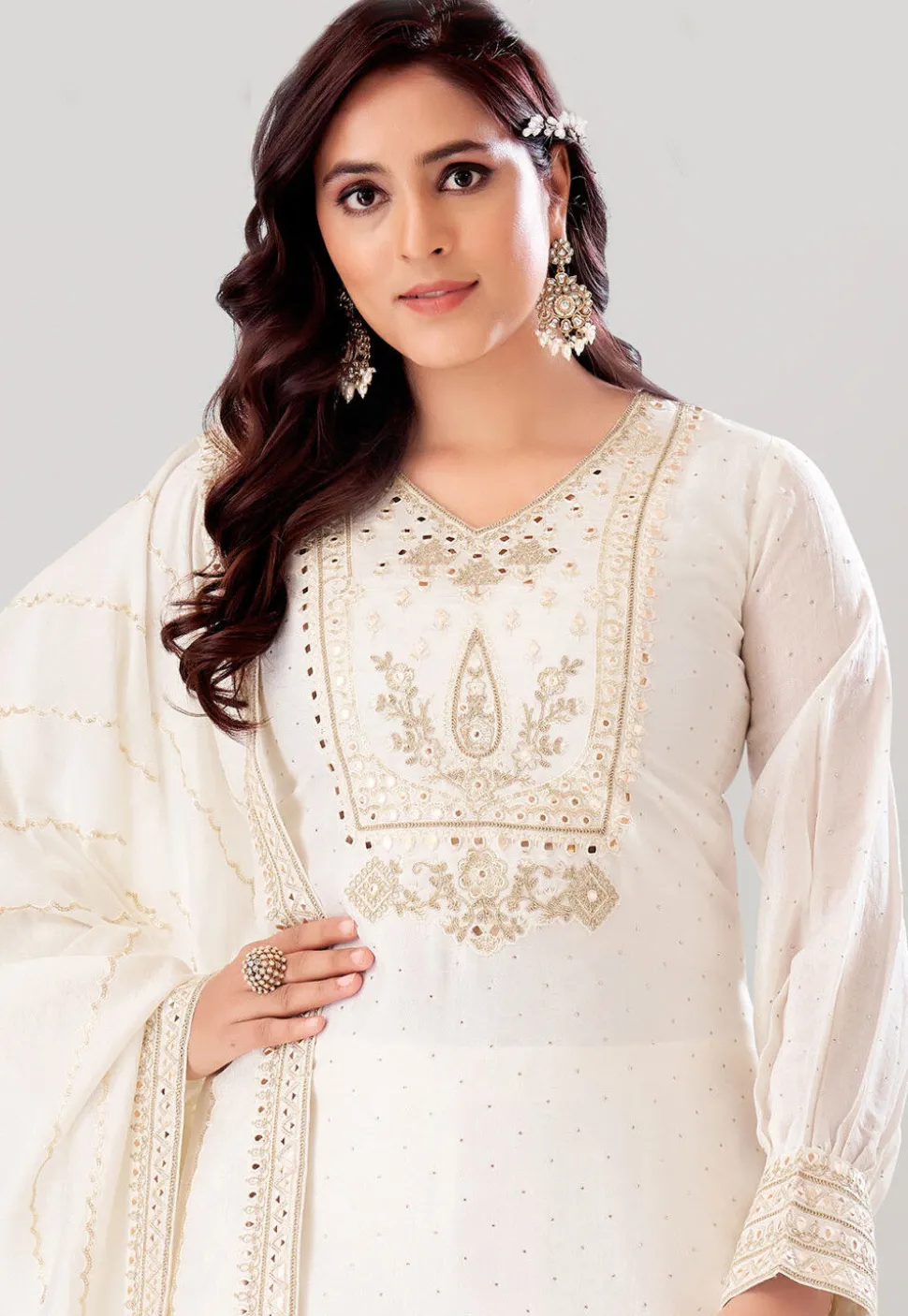 Embroidered Art Silk Punjabi Suit in Off White