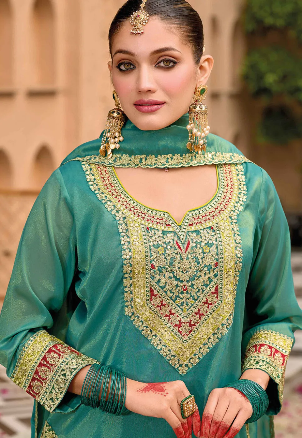 Embroidered Art Silk Punjabi Suit in Teal Green