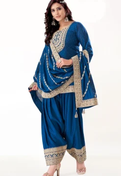 Embroidered Art Silk Punjabi Suit in Teal Blue