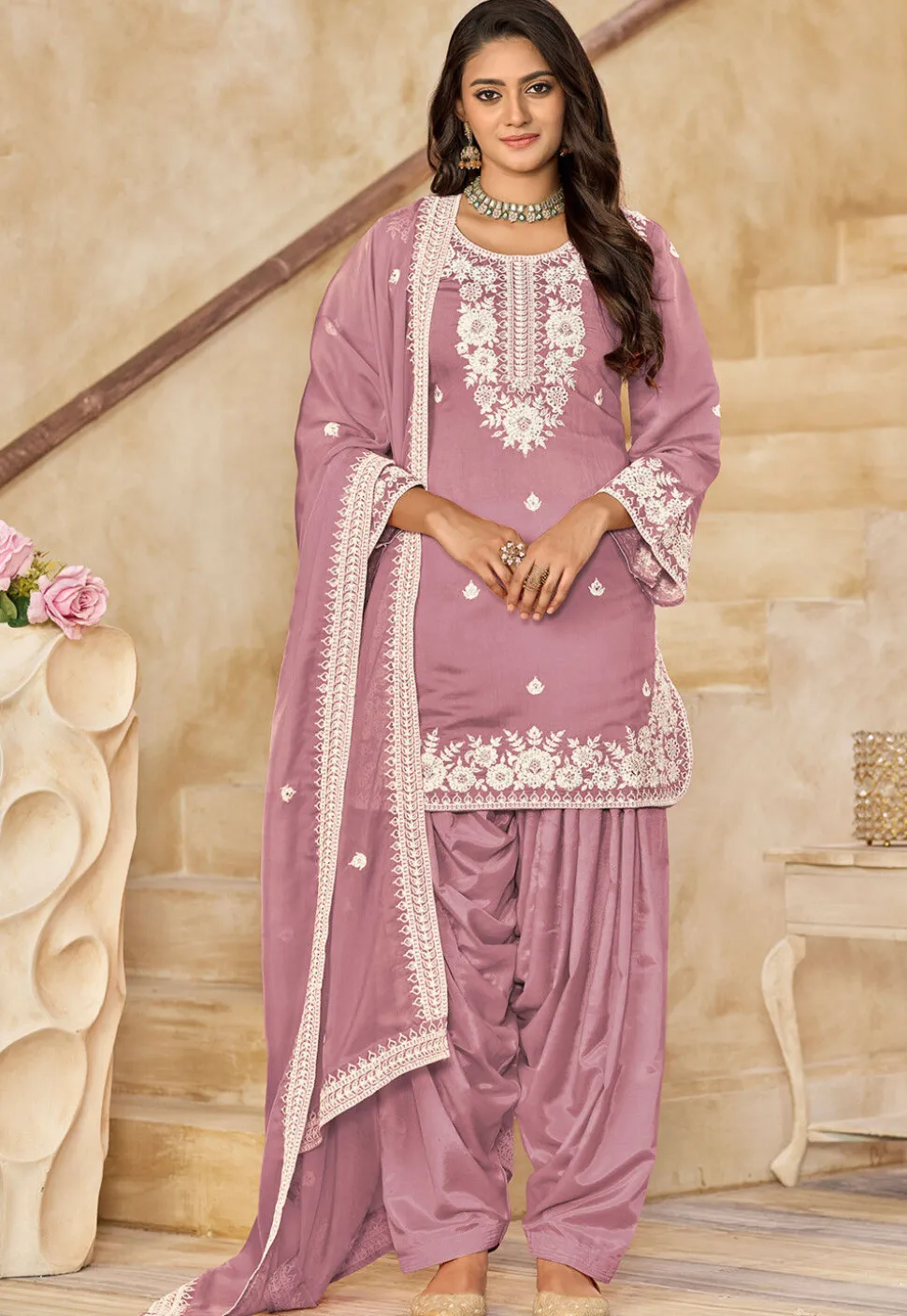 Embroidered Art Silk Punjabi Suit in Pink