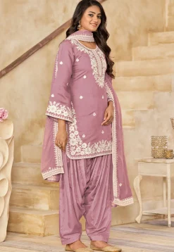 Embroidered Art Silk Punjabi Suit in Pink